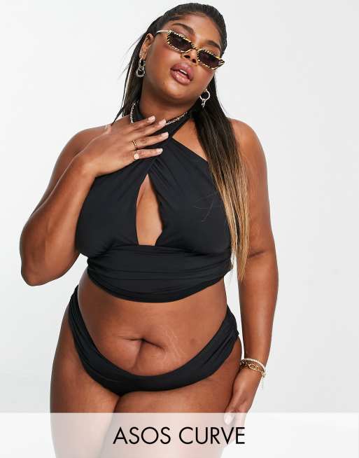 ASOS DESIGN Curve ruched bikini bottoms in black mesh ASOS