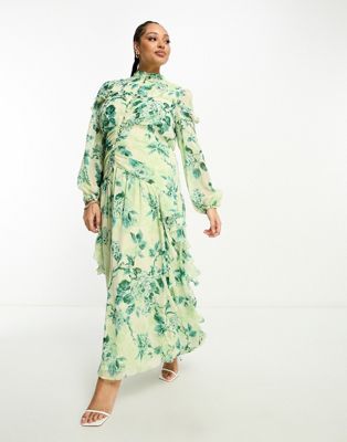 ASOS DESIGN Curve ruched bodice button through maxi dress with frill details in floral print - ASOS Price Checker