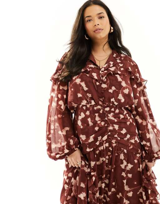 grey suit with burgundy dress Plus Size Long Sleeve Floral Casual Maxi Dress 4XL main image 0