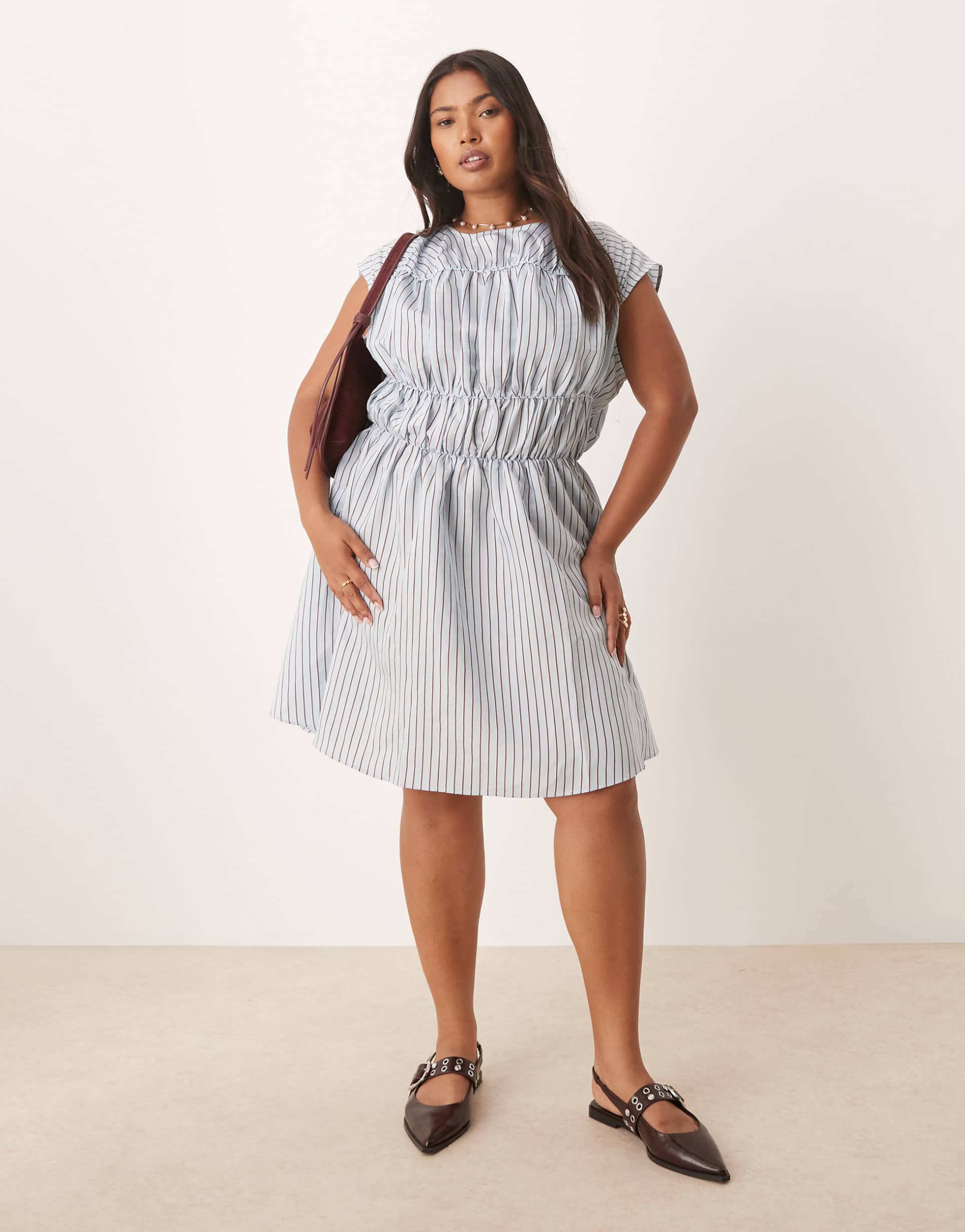 asos design curve ruched bodice double skirt mini dress in blue stripes