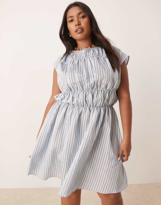 ASOS DESIGN Curve ruched bodice double skirt mini dress in blue stripes, 3 of 4