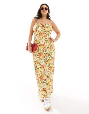 ASOS Curve ASOS DESIGN Curve ruched bust maxi slip dress in mustard floral print-Multi