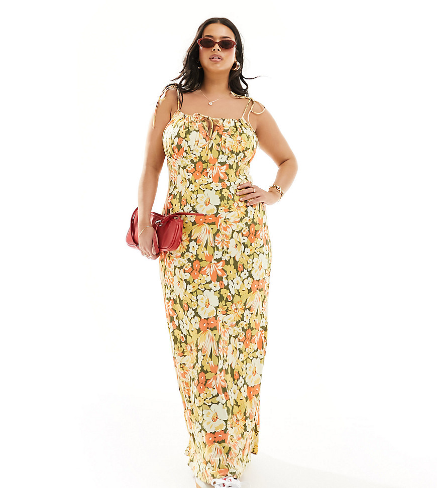 Asos Curve Asos Design Curve Ruched Bust Maxi Slip Dress In Mustard Floral Print-multi
