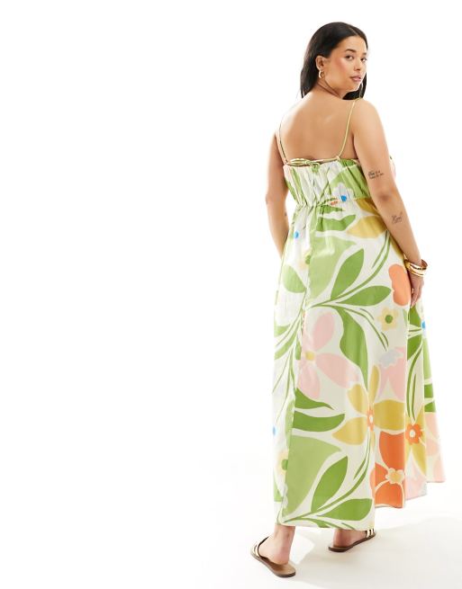 ASOS DESIGN Curve ruched bust maxi sundress with adjustable straps in bright floral abstract print, 3 of 4
