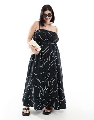 ASOS DESIGN Curve ruched bust maxi sundress with adjustable straps in mono abstract print