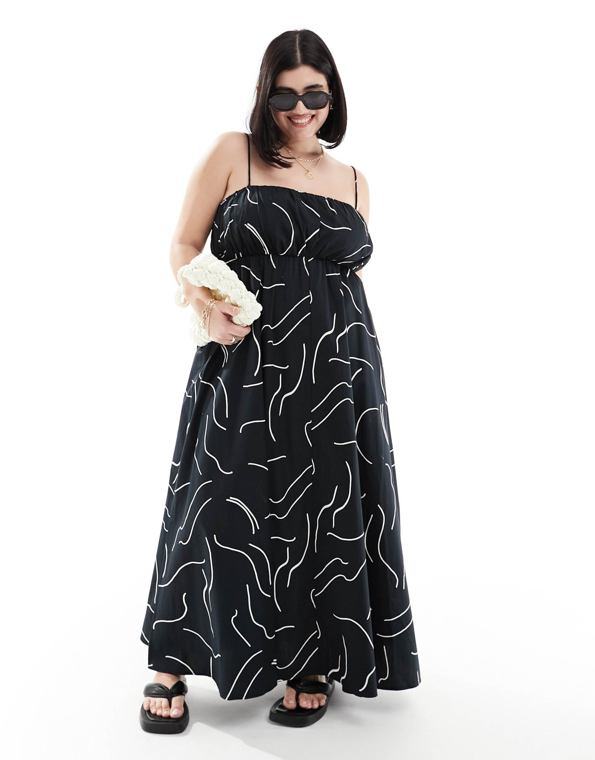 asos design curve ruched bust maxi sundress with adjustable straps in mono abstract print