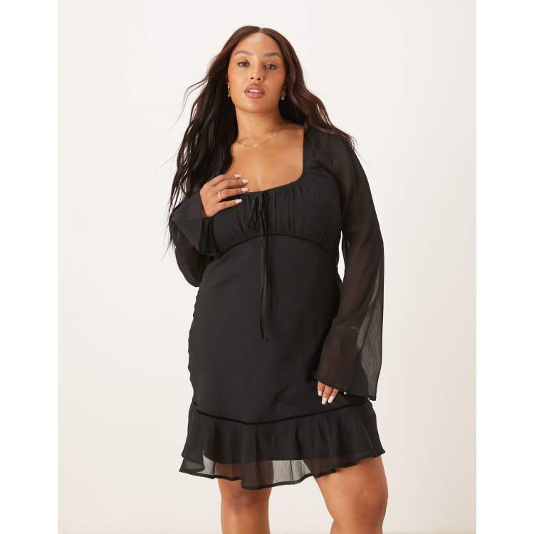 ASOS Design Curve Ruched Bust Square Neck Long Sleeve Mini Dress in Black