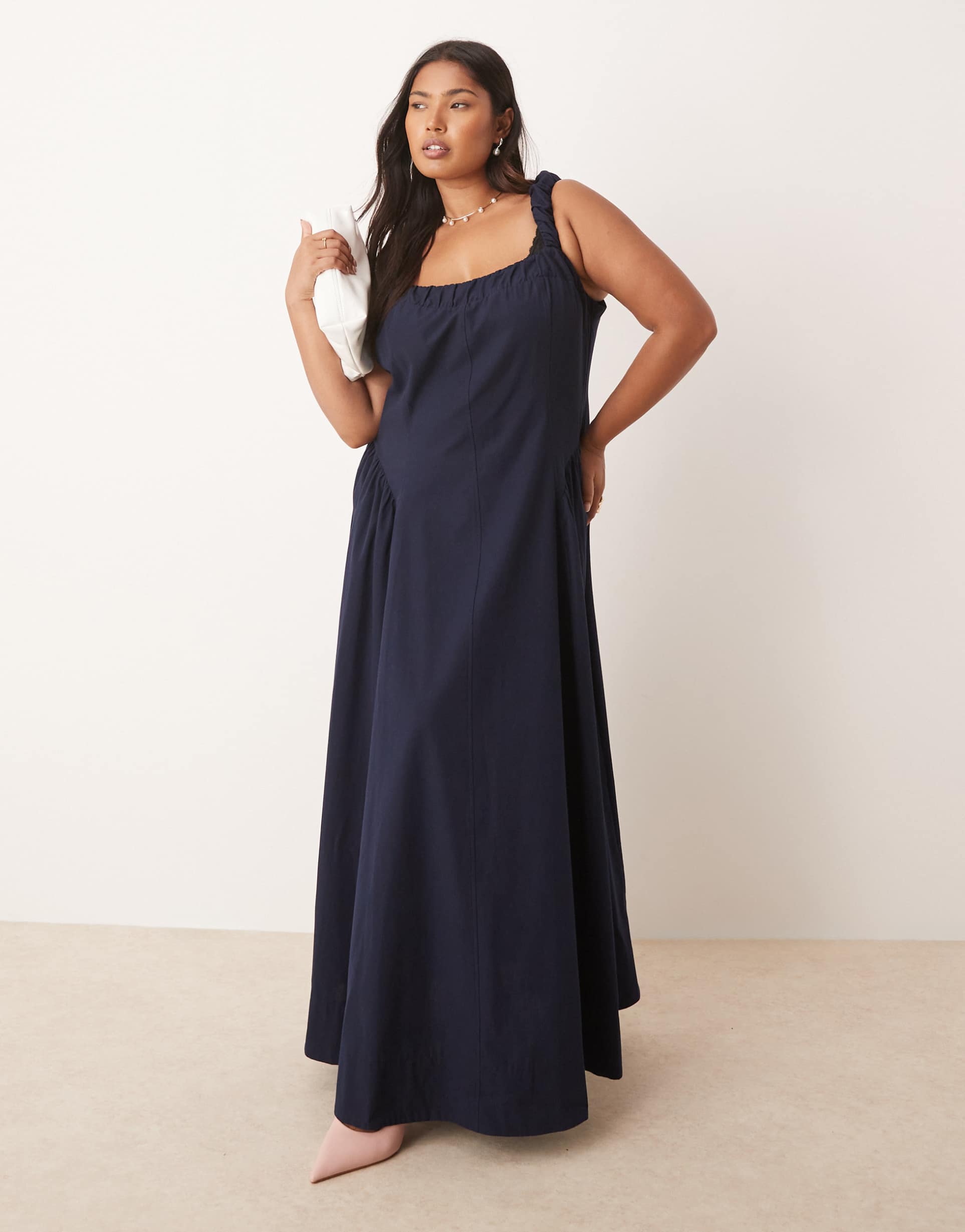 asos design curve ruched cap sleeve waisted maxi dress in navy