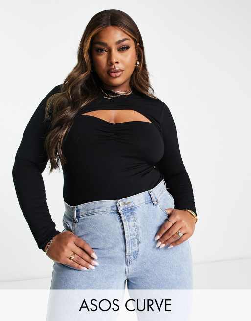 ASOS DESIGN Curve All Day smoothing bodysuit with long sleeves in black