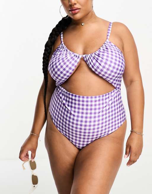 ASOS DESIGN Curve ruched cut out swimsuit in purple check print