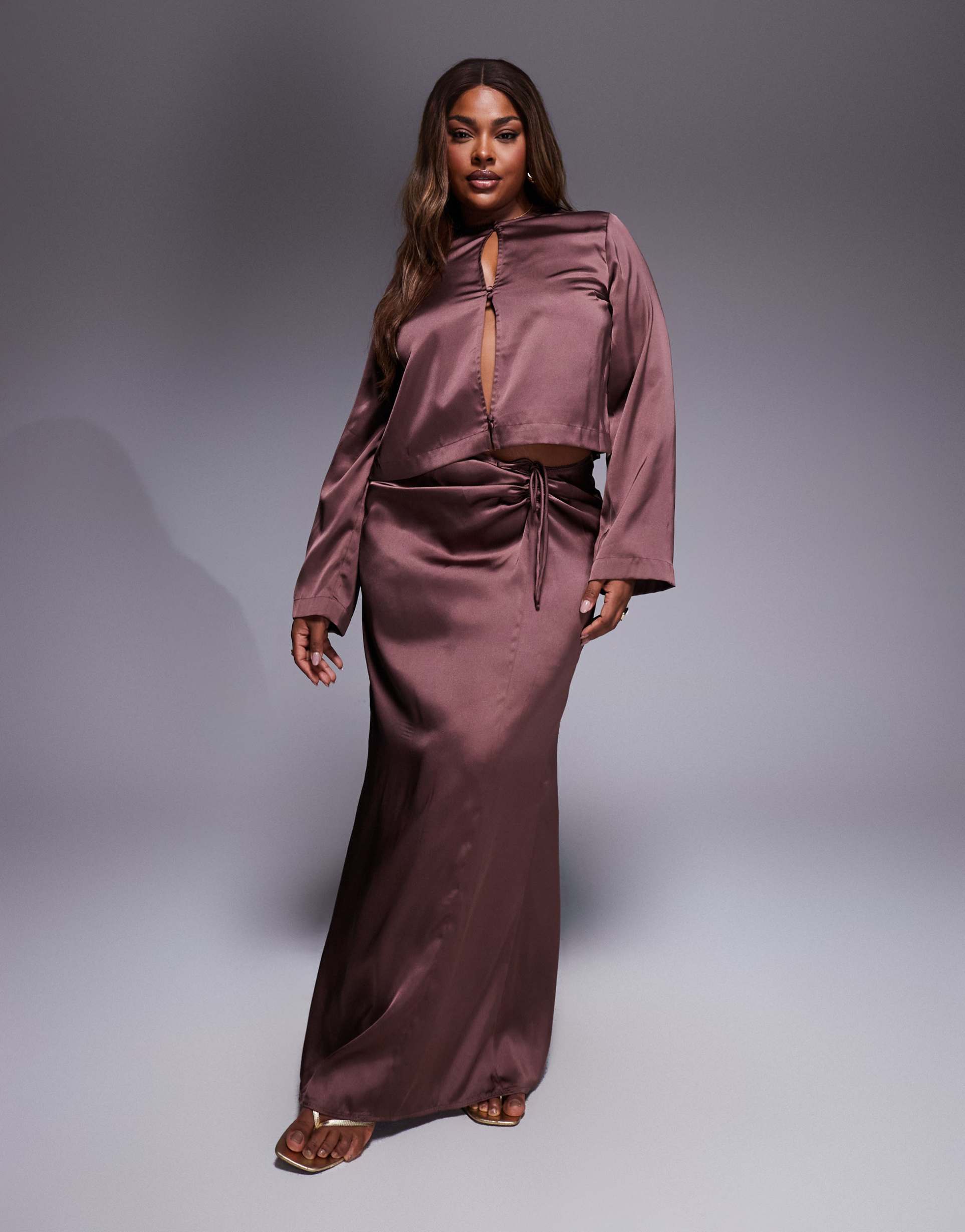 asos design curve ruched detail satin maxi skirt in chocolate - part of a set