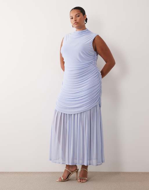 ASOS DESIGN curve ruched drop waist mesh maxi dress in baby blue, 2 of 4