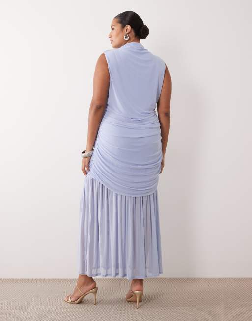 ASOS DESIGN curve ruched drop waist mesh maxi dress in baby blue, 4 of 4