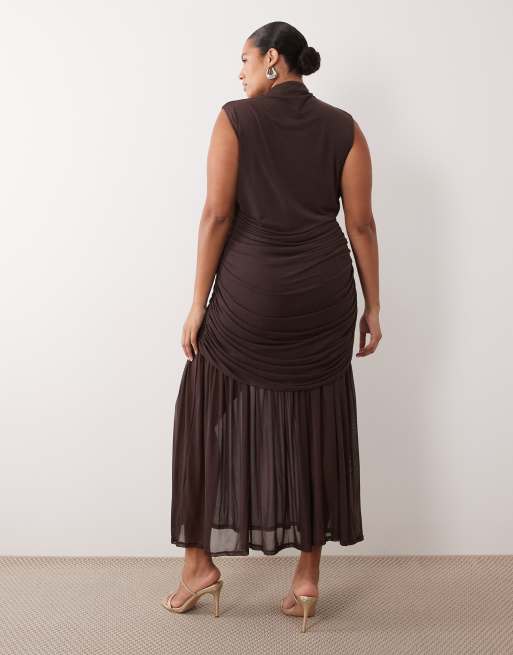 ASOS DESIGN curve ruched drop waist mesh midi dress in chocolate, 4 of 4