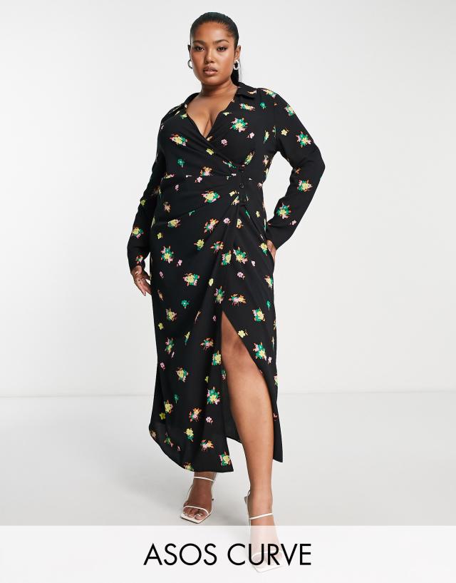 ASOS DESIGN Curve ruched front button up wrap shirt midi dress in black floral print