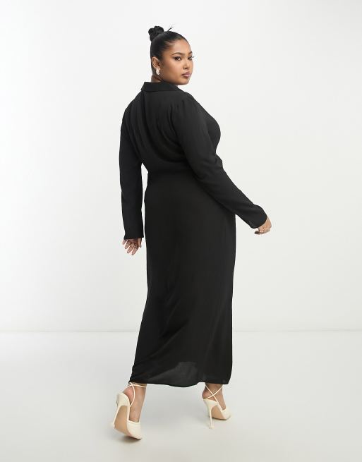 ASOS DESIGN Curve ruched front button up wrap shirt midi dress in black ASOS