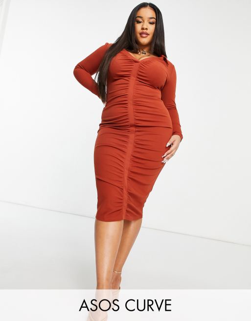 ASOS DESIGN Curve ruched front midi shirt dress in rust
