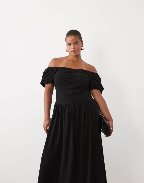 ASOS DESIGN Curve ruched front midi tea dress in black - view 1