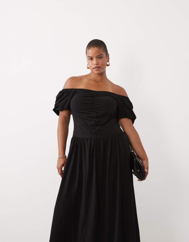 ASOS DESIGN Curve ruched front midi tea dress in black