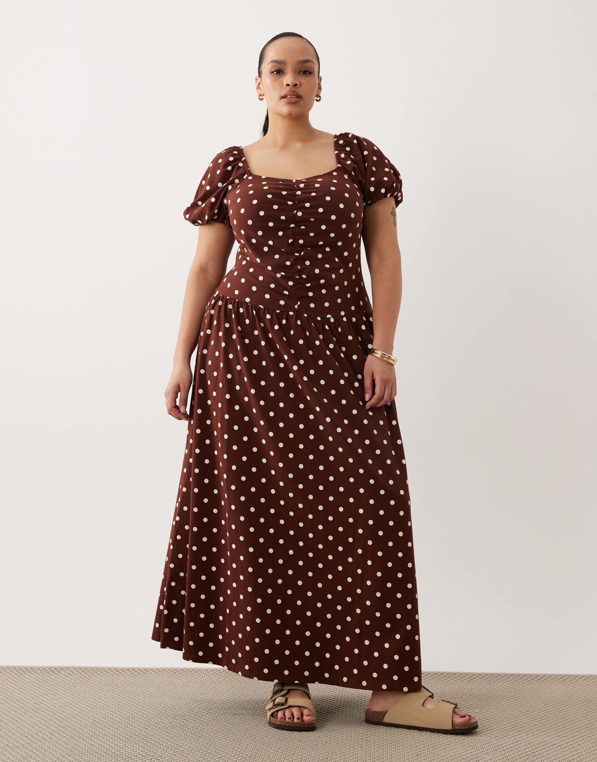 asos design curve ruched front midi tea dress in chocolate polka dot