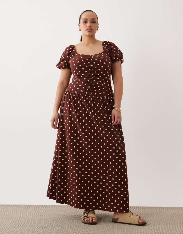 ASOS DESIGN Curve ruched front midi tea dress in chocolate polka dot