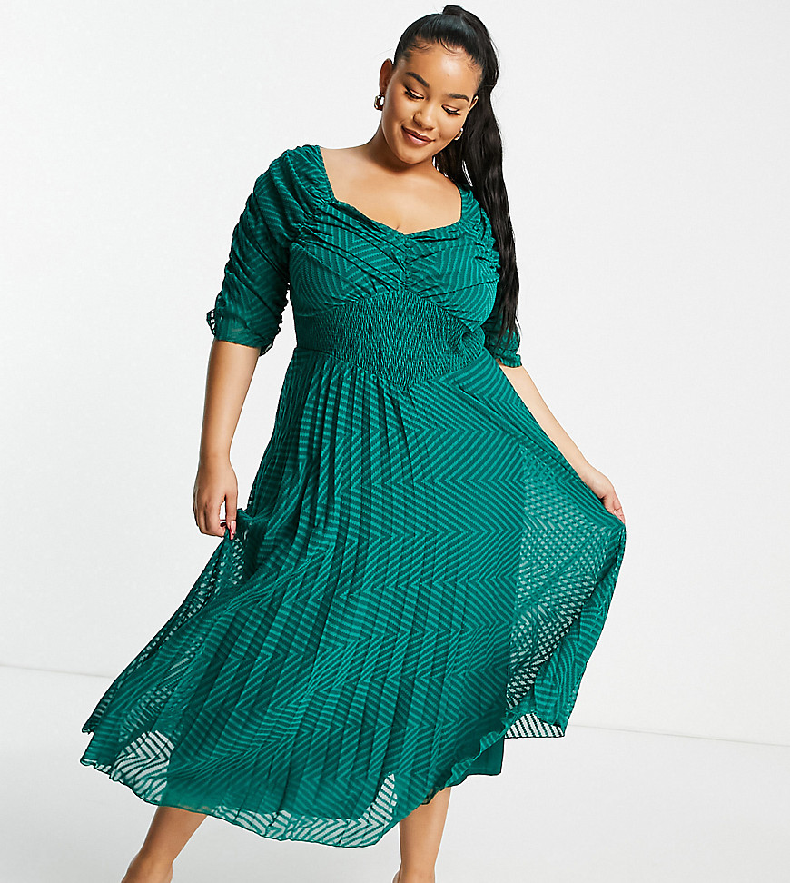 Asos Curve Asos Design Curve Ruched Front Pleated Midi Dress With Shirred Waist In Textured Chevron In Forest G In Green