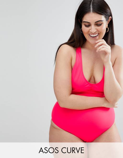 ASOS DESIGN curve ruched front racer back swimsuit in watermelon red