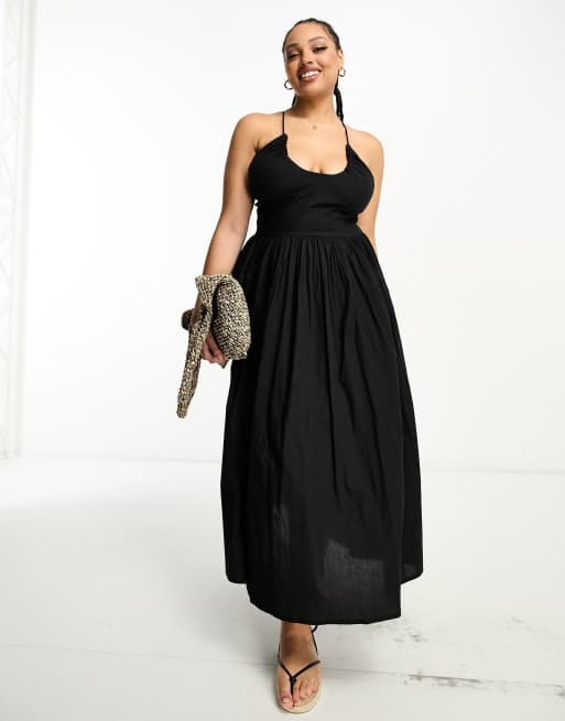 ASOS DESIGN Curve ruched halter midi sundress with cut out in black