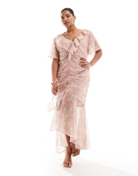ASOS DESIGN  Curve ruched high-low hem fitted Midi dress in pink floral - view 1