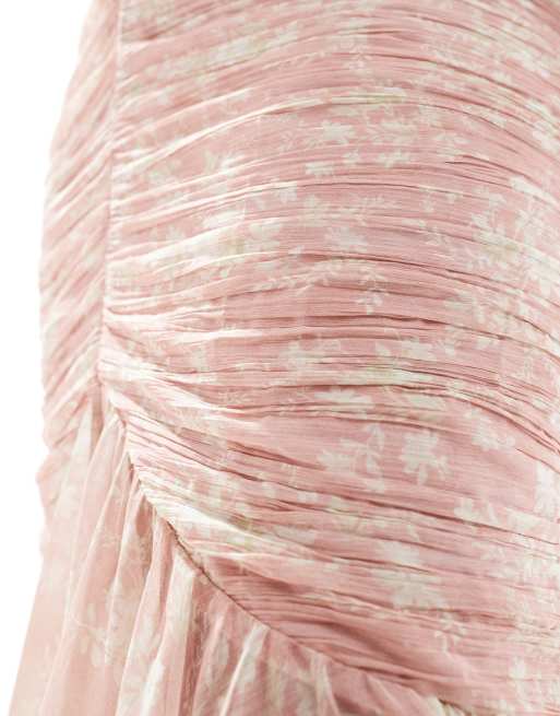 ASOS DESIGN Curve ruched high-low hem fitted Midi dress in pink floral, 3 of 4