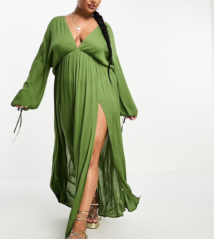 ASOS DESIGN Curve ruched long sleeve plunge crinkle beach maxi dress in khaki-Multi