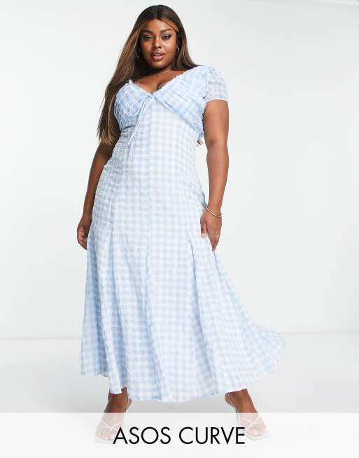 ASOS DESIGN Curve ruched maxi dress with tie detail in blue gingham embroidered