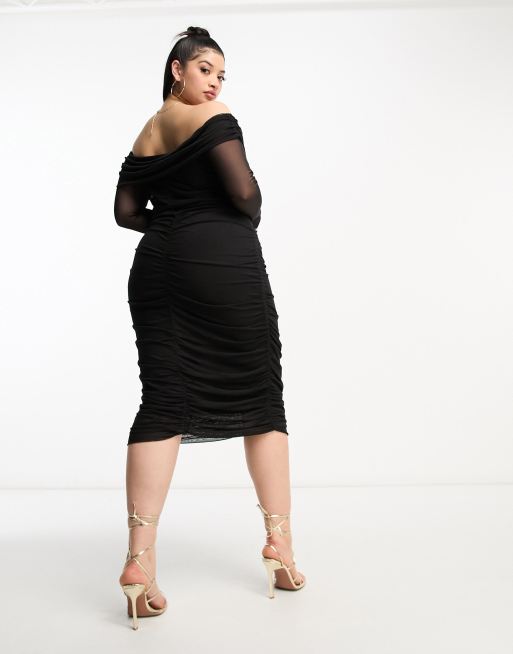 ASOS DESIGN Curve ruched mesh bardot long sleeved midi dress in black, 3 of 4