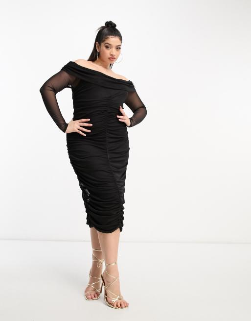 black mesh ruched bardot midi dress Black MissPap Premium Mesh Ruched Bardot Sculpting Midi Dress