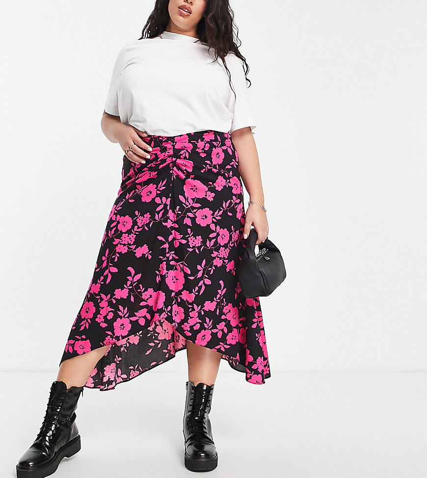 Plus-size skirt by ASOS DESIGN Our kind of flowers High rise Ruched front Zip-back fastening Asymmetric hem Regular fit
