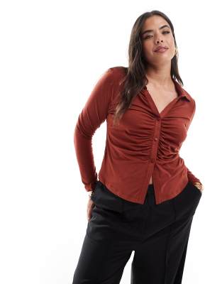 Shop ASOS Curve DESIGN ruched plunge shirt in chocolate Online – Trendy & Affordable Fashion