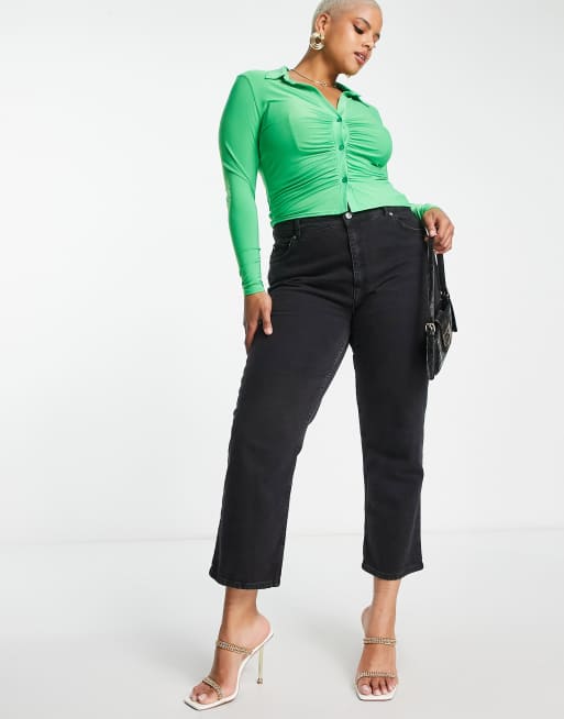 ASOS DESIGN Curve ruched plunge shirt in slinky in green