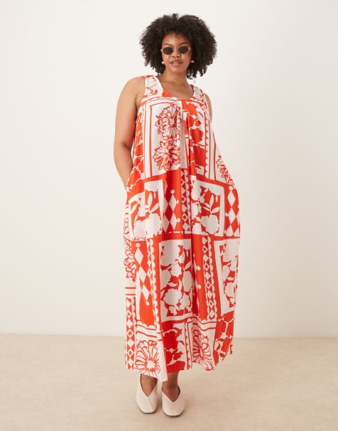ASOS DESIGN Curve ruched scoop neck midaxi sundress in red patchwork print - view 1