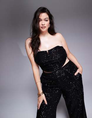 Asos Curve Asos Design Curve Ruched Sequin Bandeau With Trim Detail In Black - Part Of A Set