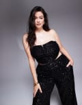 [ASOS Curve] ASOS DESIGN Curve ruched sequin bandeau with trim detail in black (part of a set) 18 Black