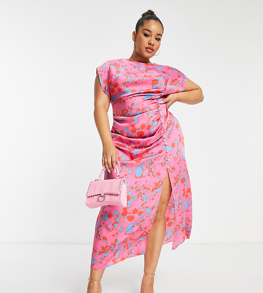 ASOS DESIGN Curve ruched side button cap sleeve satin maxi dress in pink based floral print-Multi