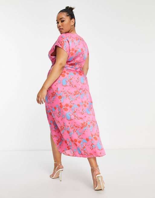 Quiz pink floral asymmetric best sale midi dress