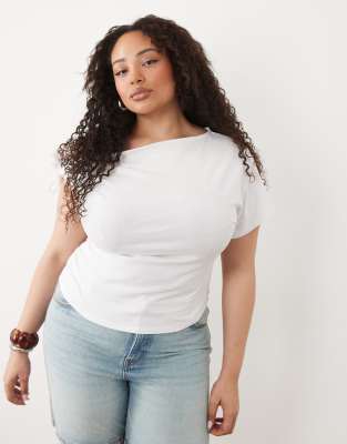 Asos Curve Asos Design Curve Ruched Sleeve Fallen Shoulder Waisted Tee In White