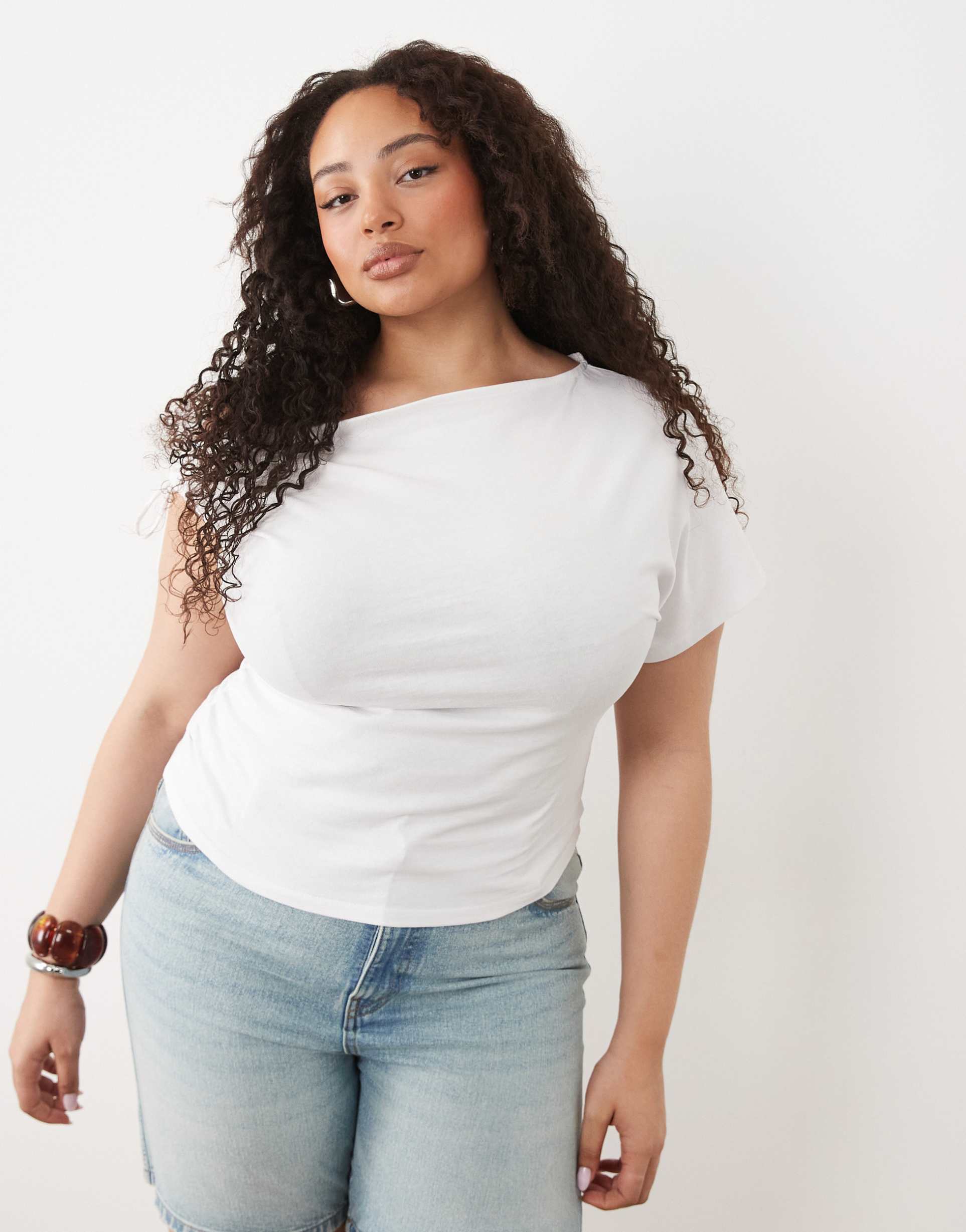 asos design curve ruched sleeve fallen shoulder waisted tee in white