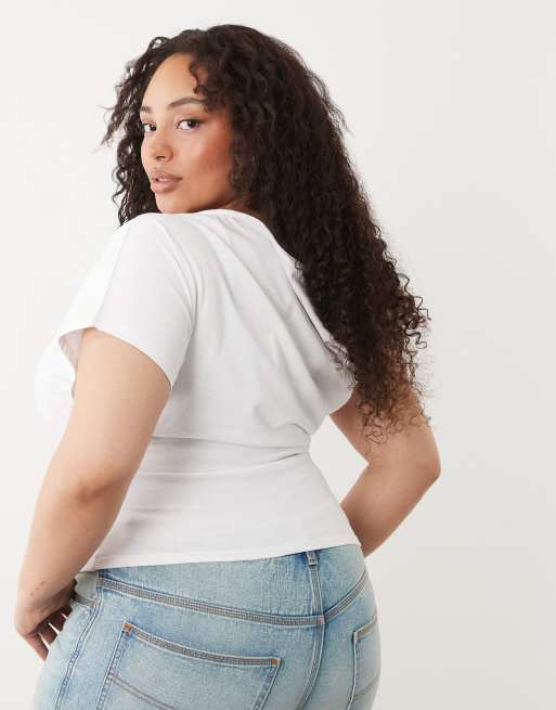 ASOS DESIGN Curve ruched sleeve fallen shoulder waisted tee in white, 4 of 4