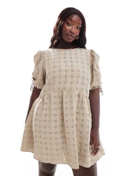 ASOS DESIGN Curve ruched sleeve smock mini in natural check print - view 1