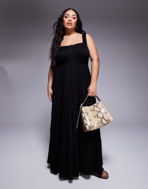 ASOS DESIGN Curve ruched square neck tiered maxi dress with lace inserts in black - BLACK - view 1