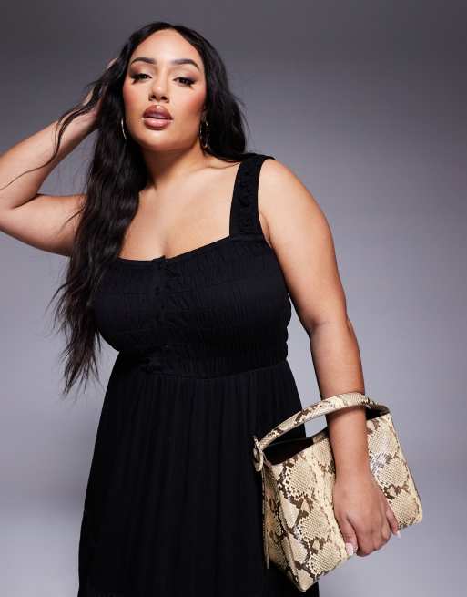 ASOS DESIGN Curve ruched square neck tiered maxi dress with lace inserts in black - BLACK, 2 of 4