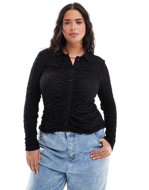 FhyzicsShops DESIGN Curve ruched textured mesh Print shirt in black