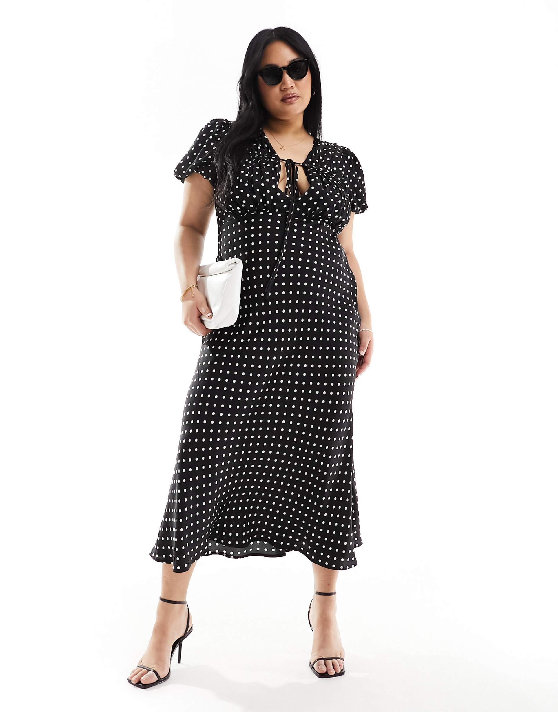 asos design curve ruched tie detail bodice midi dress in mono spot